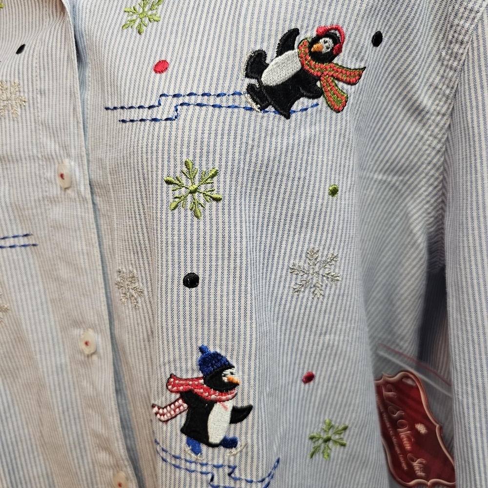 Holiday Embroidered Penguin Skating Shirt Woman’s Medium Button Down Long Sleeve - Picture 9 of 16